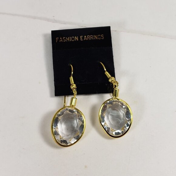 Elegant Clear Gem 1.5" Drop Earrings – Gold Tone Oval Dangle Lightweight Jewelry - Picture 7 of 8